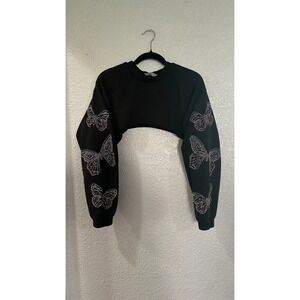 Bershka Cropped‎ Sweatshirt Butterfly Rhinestone Embellished Black Size S